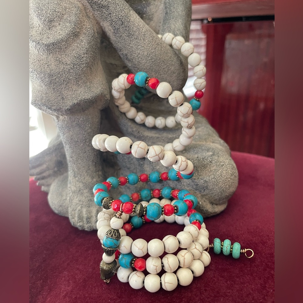 Buddha Multi Wrap Memory Wire Bracelet Mala. Faux Turquoise Carnelian.